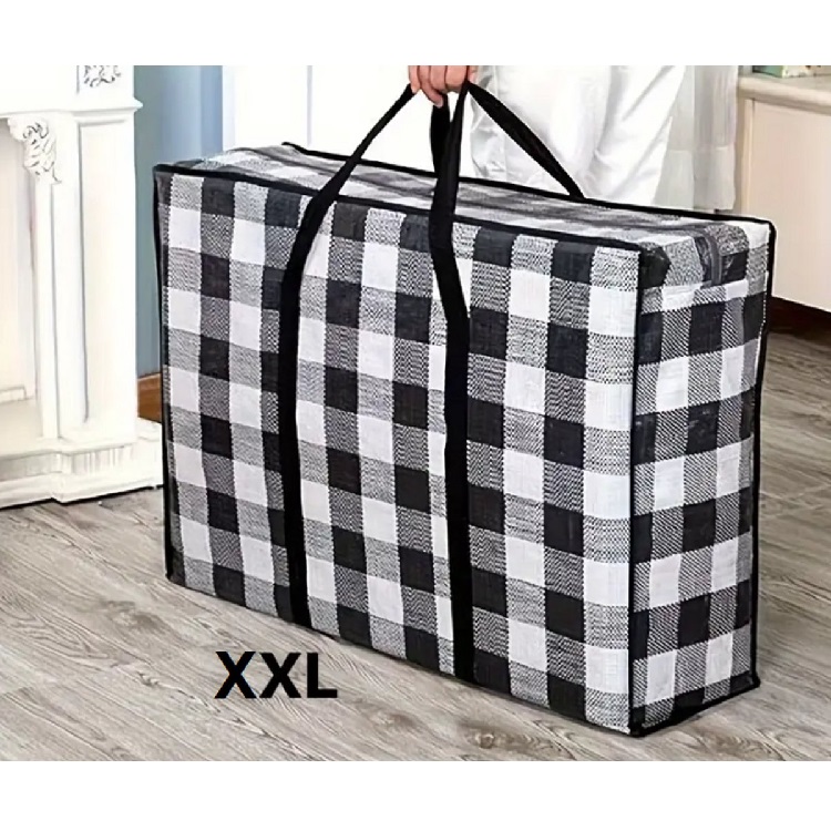 Opbergtas | 2 Stuks – Maat XXL – 90x30x60 cm – Zwart wit – Big shopper | Reistas extra groot | Grote boodschappentas | Zak geruit | Mega tas | Wastas | Boodschappentas met rits | Extra stevig - Afbeelding 2